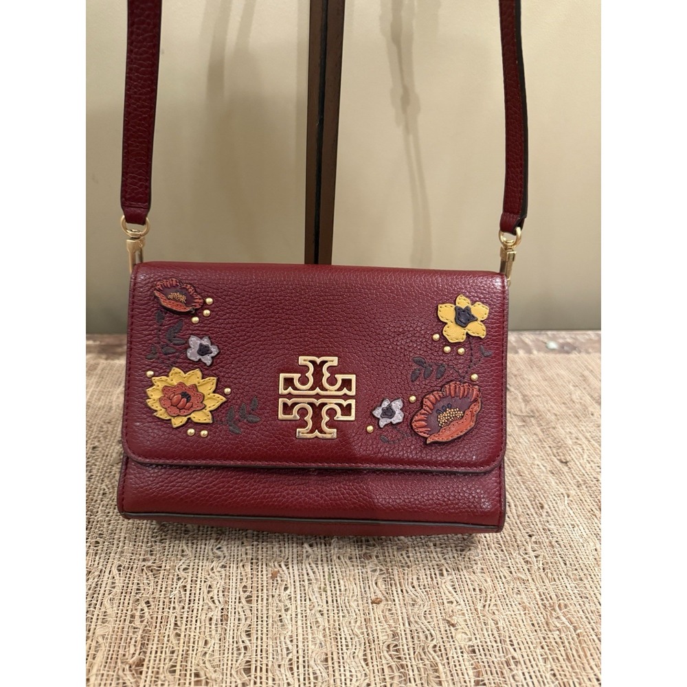 Tory Burch Britten Floral Embellished Combo Crossbody Pebble Leather Dark Red